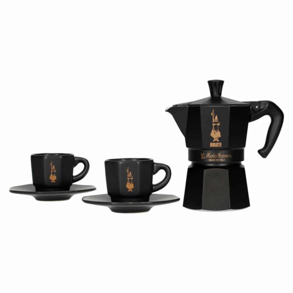 Bialetti - Zestaw Moka Express 3tz Czarna + 2 filiżanki do espresso ze spodkami